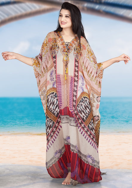 Lace up Vintage Style plus size Silk Caftan Dress with Geometric Print   Silk kaftan