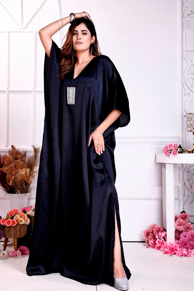 "Midnight Opulence: Elegant Black Embellished Kaftan for Women"