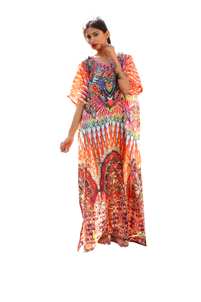 Bohemian Print Long Silk Kaftan Dress with Beautiful Lightweight kaftan