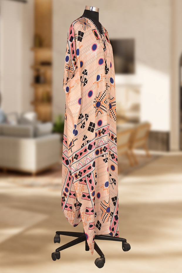 Abstract Print Silk Kaftans Side cuts embellished silk Long Maxi Dress