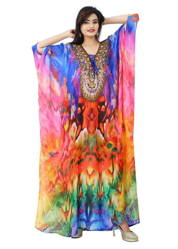 Assorted gaudy Silk Kaftan styled with Laced Deep Neckline and Ornamental touch - Silk kaftan