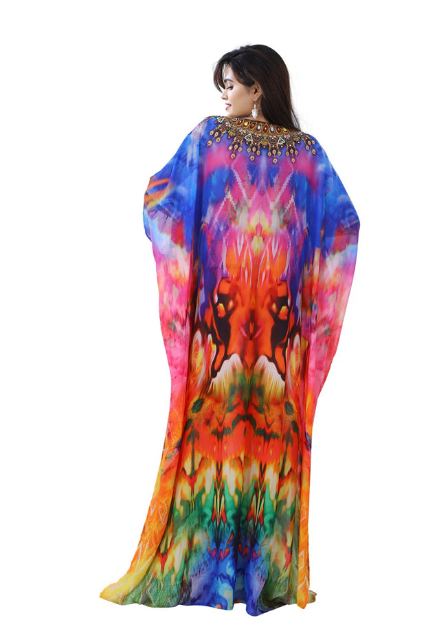 Assorted gaudy Silk Kaftans styled with embellished Laced up deep neck