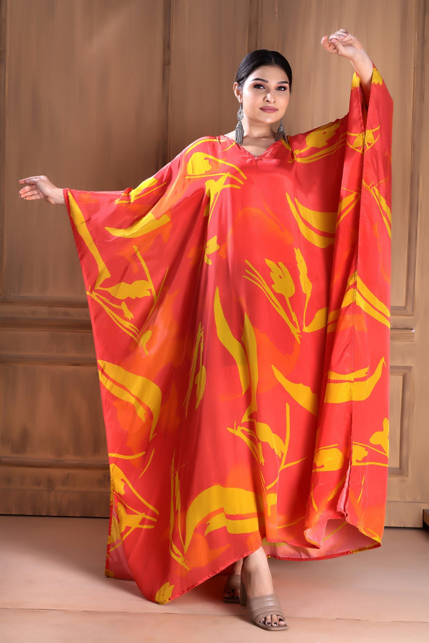 Ravishing in Red: V-Neck Silk Caftan for a Bold and Beautiful Look