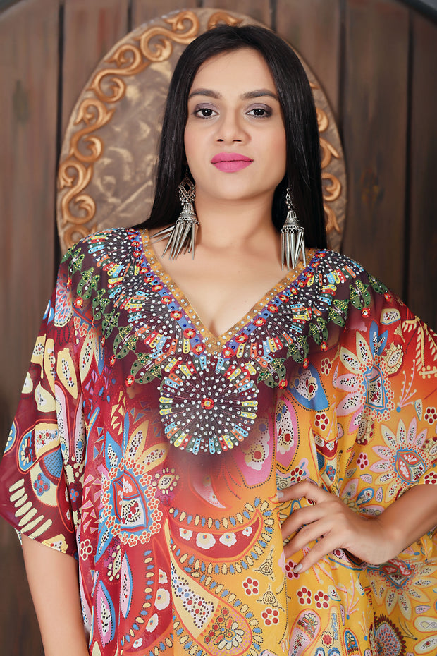 Floral print Art on Kaftan with side splits kimono sleeves plus size kaftan