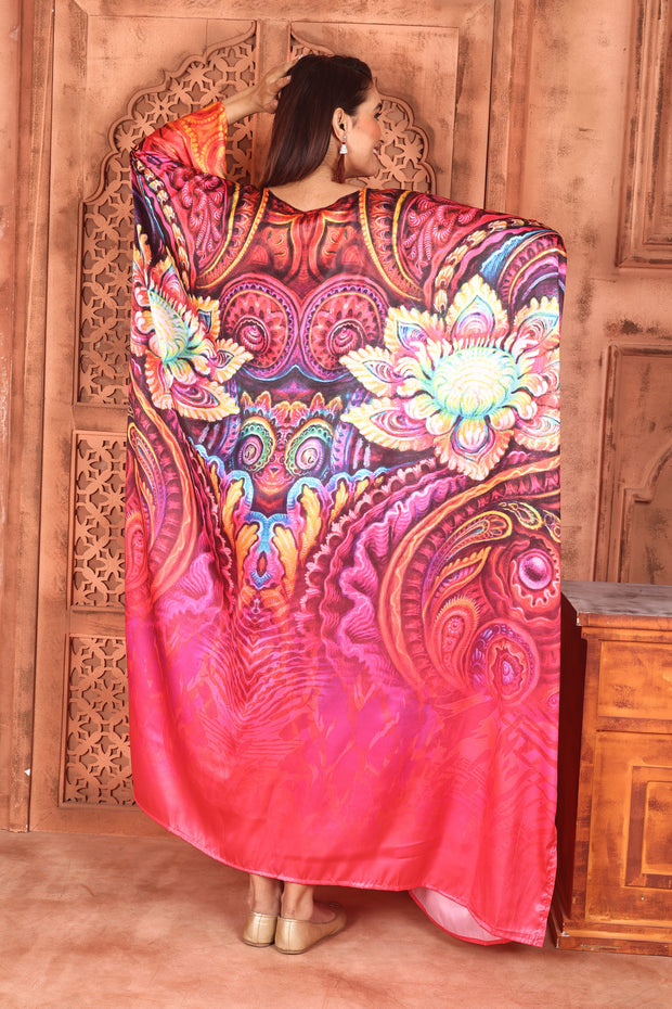 Resort wear Classic Feather Print on silky satin Kaftan beach coverup