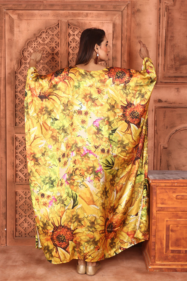 Silk Satin Kaftan Full Length Yellow floral print Kaftan Beach Wear