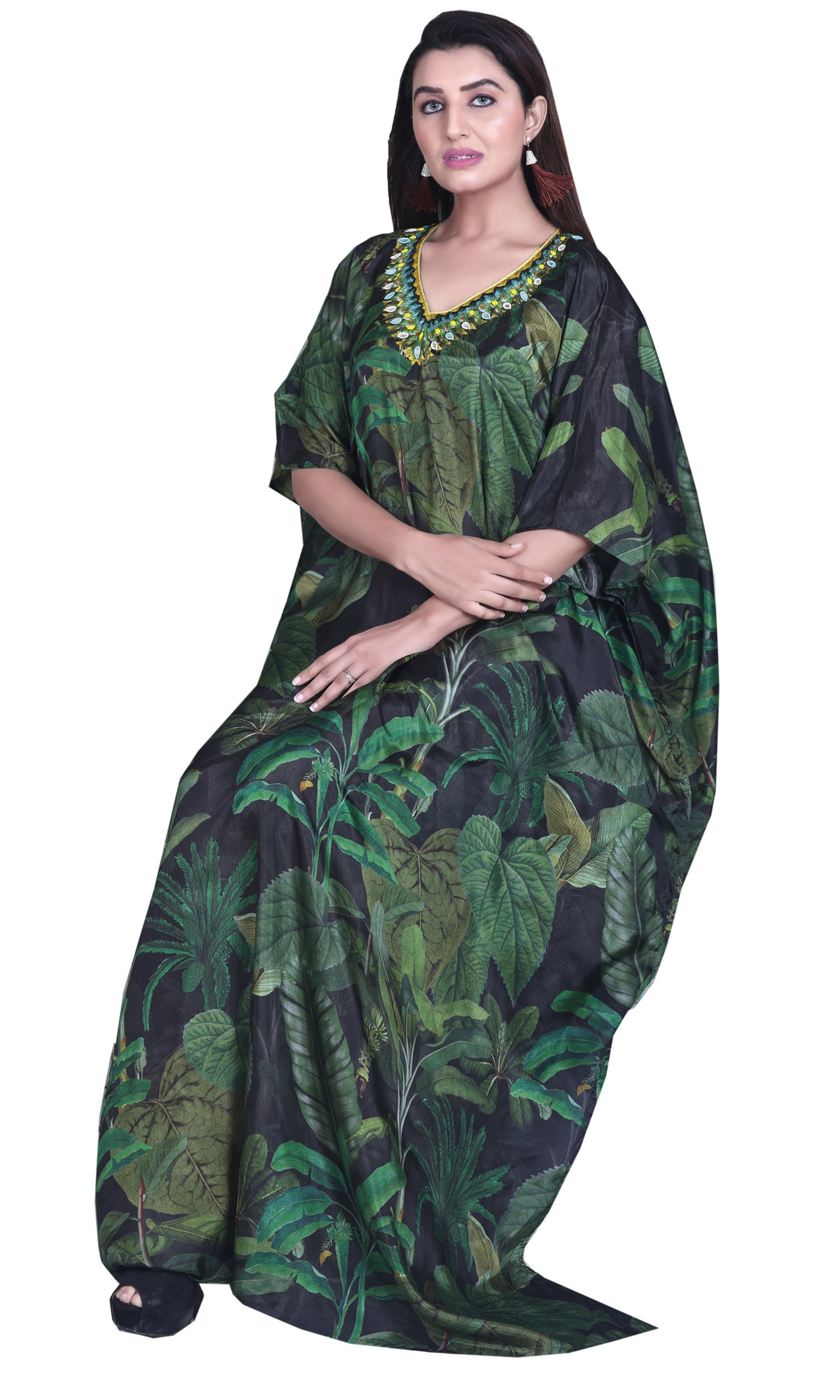 slim fit dress slacks Moroccan Kaftan Dress - Summer & Formal Wear - Embroidered Bodice Belted Waist - Breathable Cotton Satin-Finish - US 8 main image 0