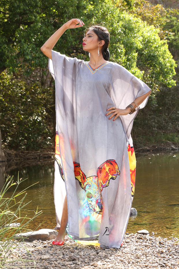 Doodled kangaroo face on basic grey  PICASSO PRINT silk kaftan