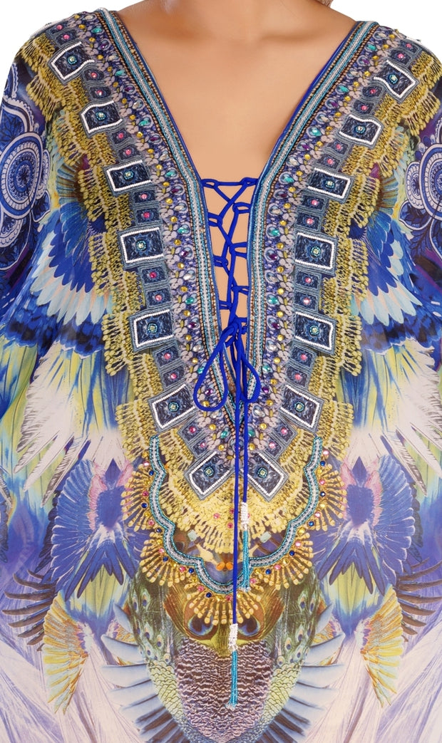Silk caftan tunic designer wear feather print lace up silk kaftans