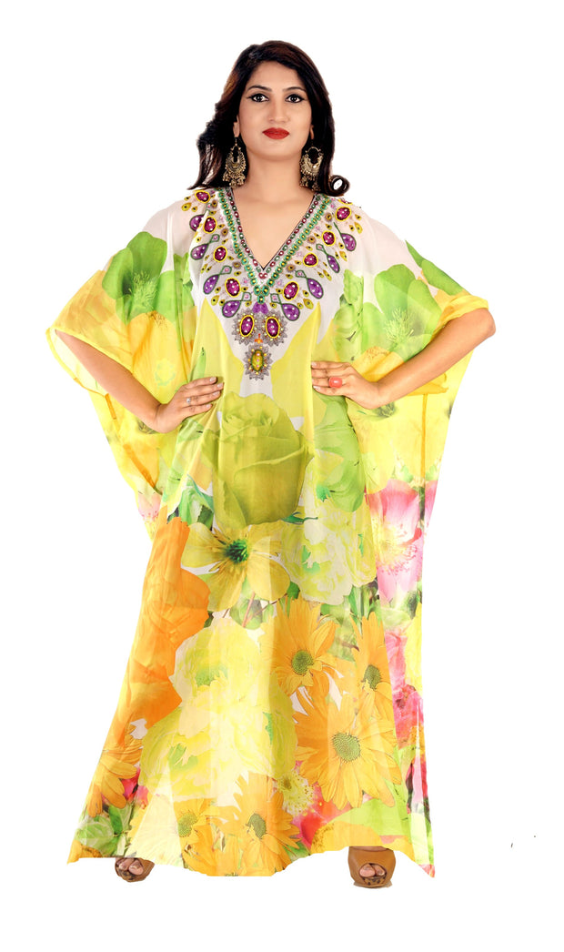 Designer Feather Print kaftan Plus size kaftan Silk Maxi Dress Kaftan