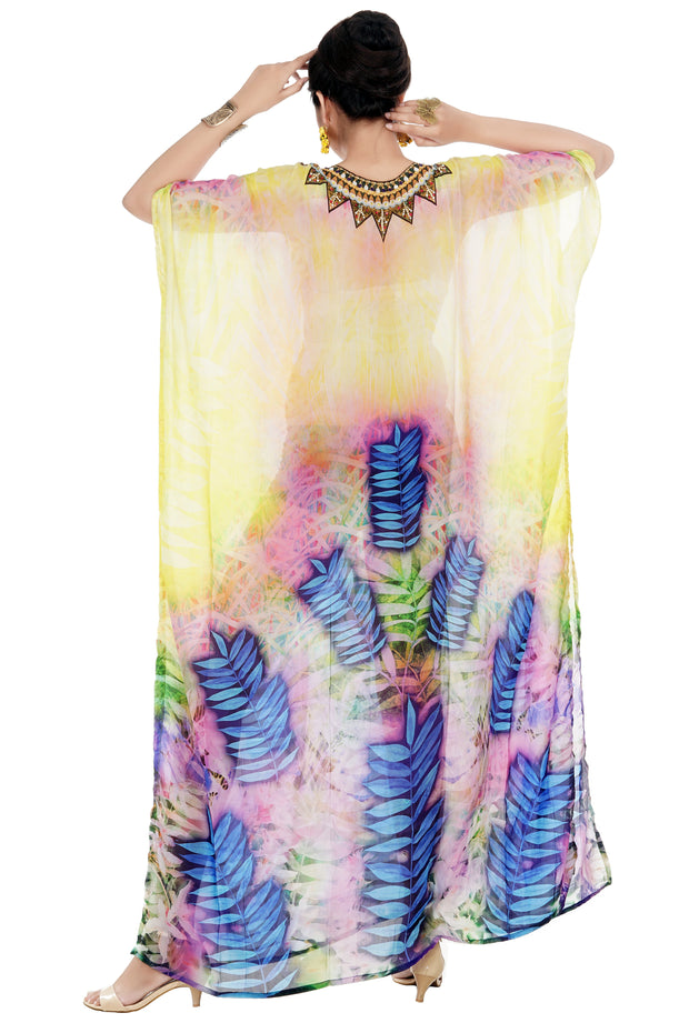 Deep neck with lace up sunshine effect with blue and lavender silk kaftan