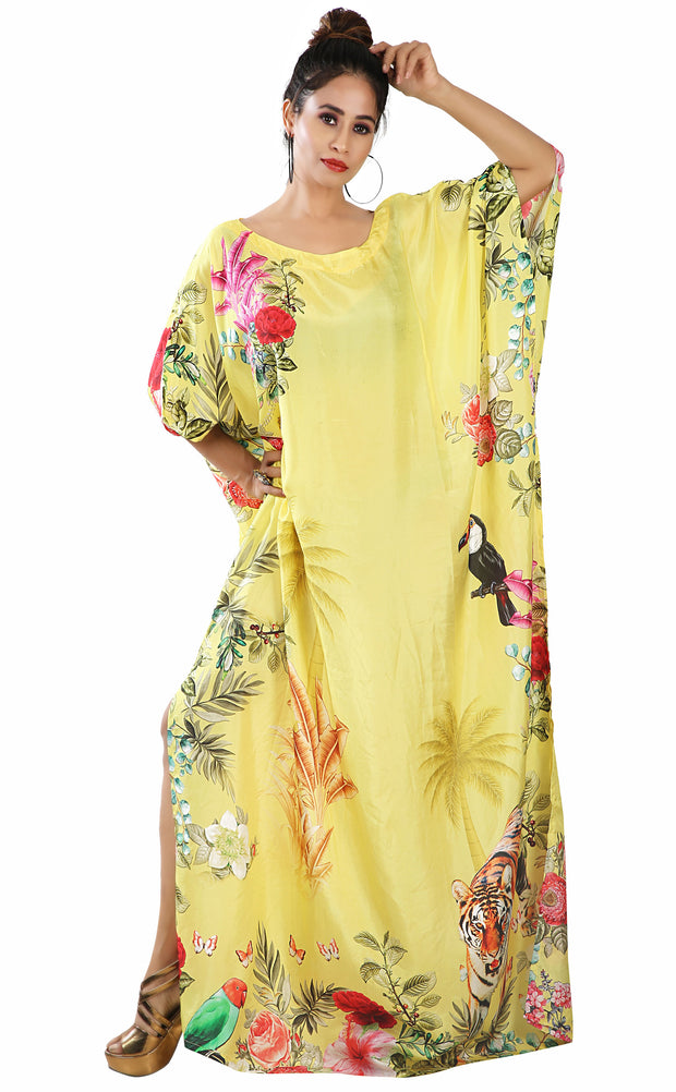Boat neck Yellow color floral and Animal Print kaftan long silk dress
