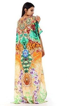 Mehndi designed doodle with floral print and an attractive v neck cut with mirror effect border silk kaftan