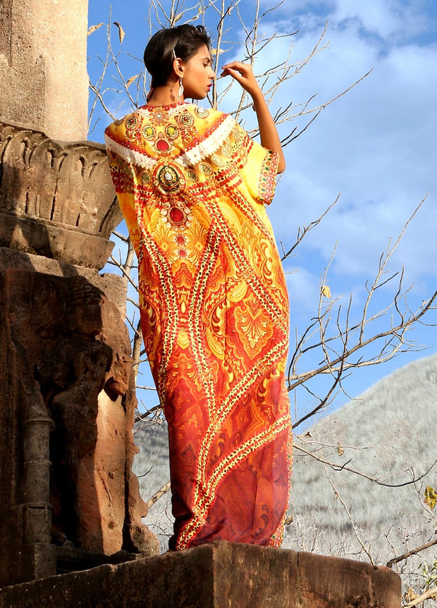 Glitter like Diamonds...printed over Colourful Silk Kaftan gown with pearls and embodiment