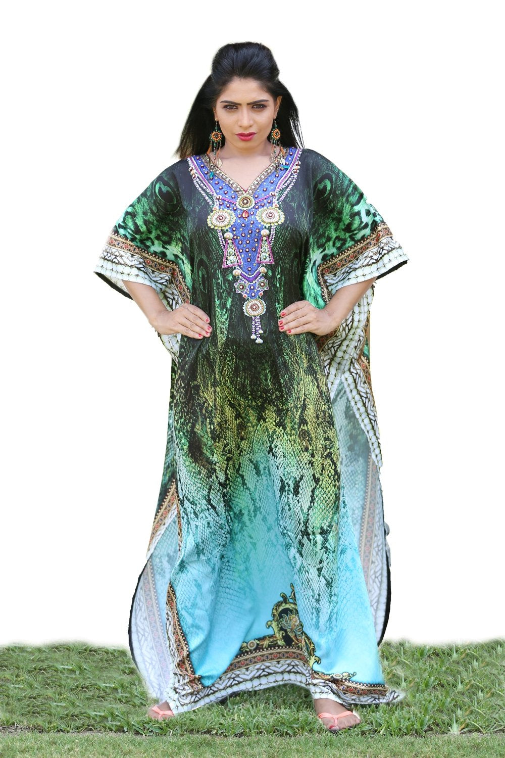 slim fit dress slacks Nicoblu Esmeralda Silk Kaftan in Precious Malachite L main image 1