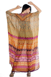 Boho Floral Maxi Silk Kaftan Dress with artistic geometric patterns