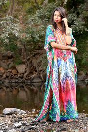 Free-flowing Silk Kaftan Dress with Ornamental Neckline and Tropical Tribal Print women's clothing