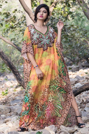 Jungle Print Highly embellished Maxi Silk kaftan with flowers all over
