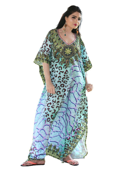 Grandiose Free size Silk Kaftan revealing Leopard Fur with crystal embellishment