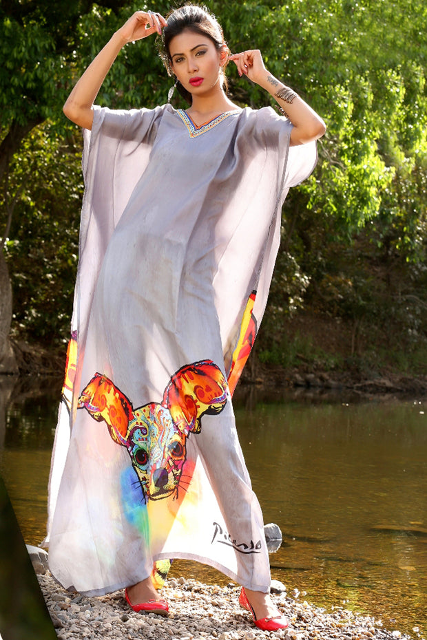 Doodled kangaroo face on basic grey  PICASSO PRINT silk kaftan