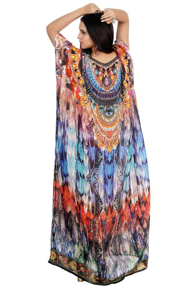 Feather Print Silk Kaftan featured with Beads embellished with various crystal beads near neckline Buy beach kaftan
