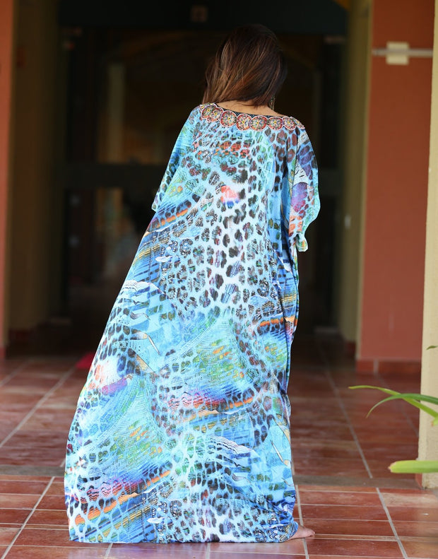Stylish Marine Coloured Silk Kaftan Dress with Animal Print kaftan