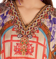 Floral print kaftan designer wear evening party silk dress beaded kaftan
