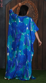 Lovely Blue Rosy Silk Kaftan with elegant roses and V Neck Patterned Sequences