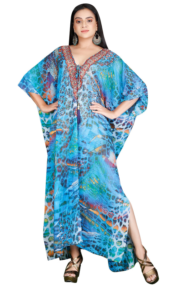 Leopard skin patches drawn on Blue colored cover up blue kaftan dress