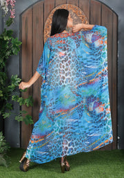Leopard skin patches drawn on Blue colored cover up blue kaftan dress