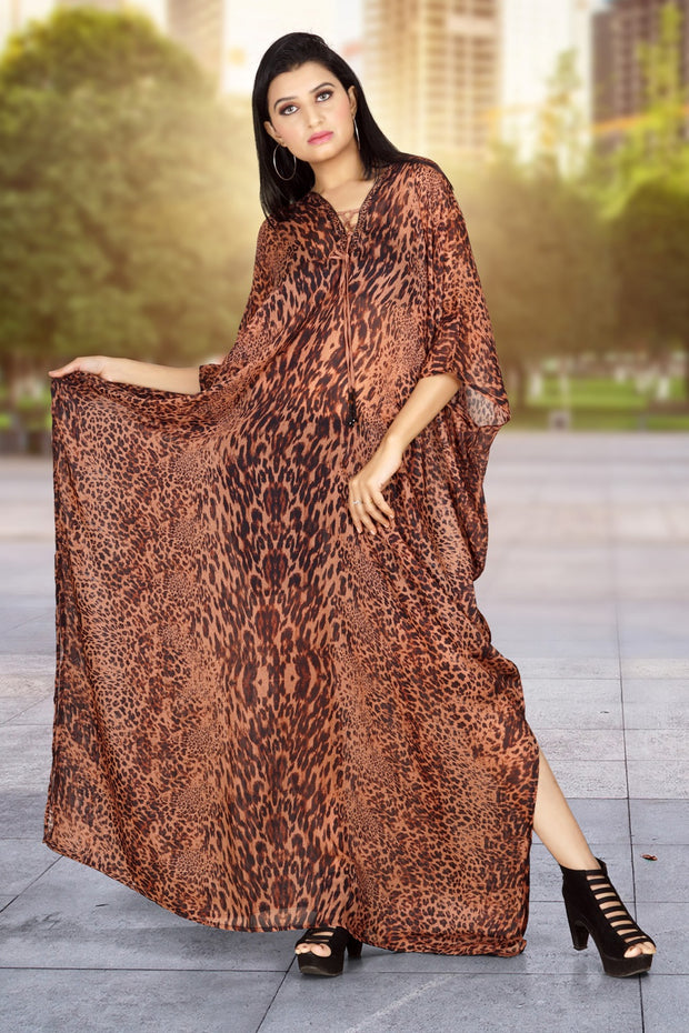 Lace Up Cheetah Leopard Print Silk Kaftan Maxi Dress