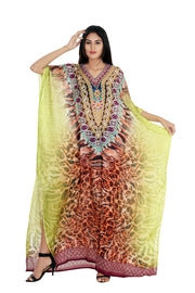 Imaginative Tiger Skin Print with Necklace design embellished Maxi Silk Kaftans