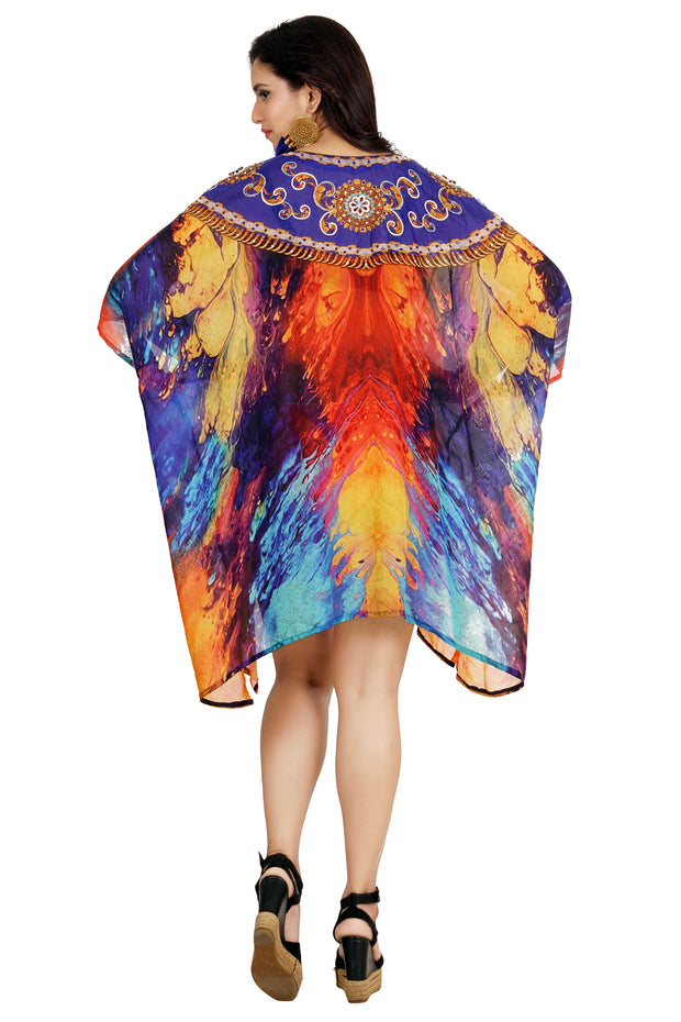 Dress in Women’s Silk caftan tunic embellished with Ornament design and Multicolored short Print