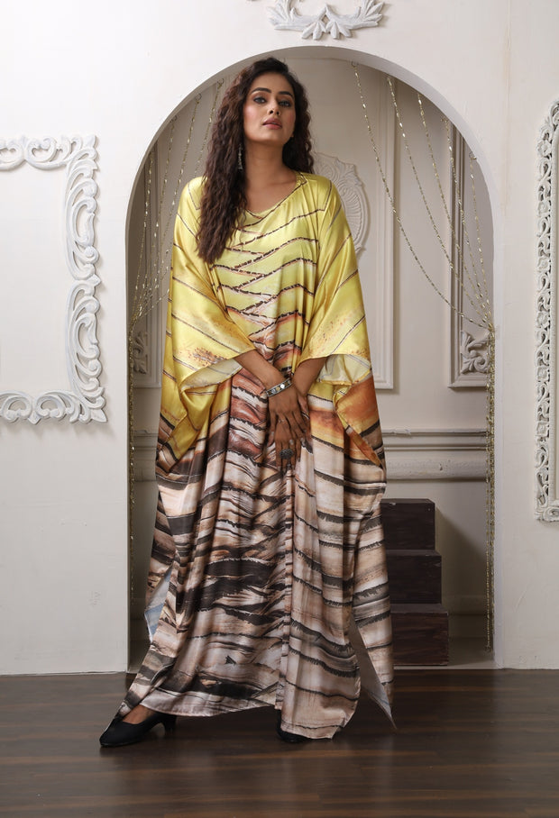 Vibrant Robe Satin Silk Kaftan Party Dress with Abstract Luxury inspired caftan