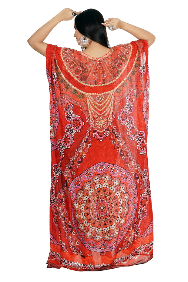 Embellished Red colored long kaftan with creative print silk kaftans