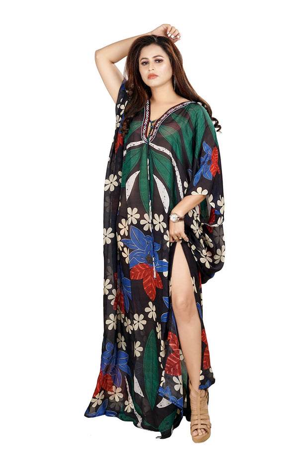 Lace Up Silk Kaftan Floral Print Silk Caftan Dress For Women Silk Dress