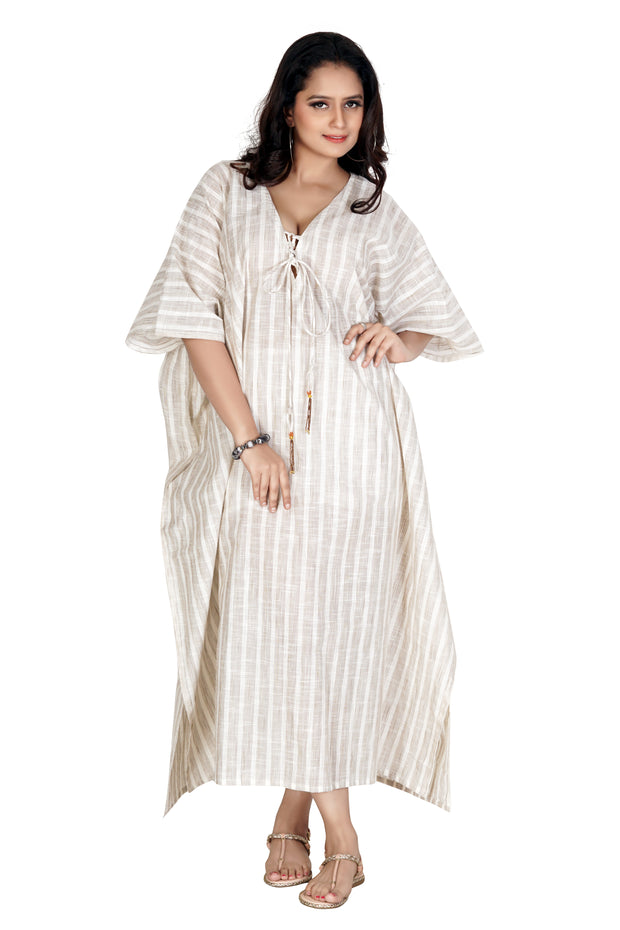Lace up New Kaftan Striped Pattern Plus Size Long Cotton Linen Split Kaftan