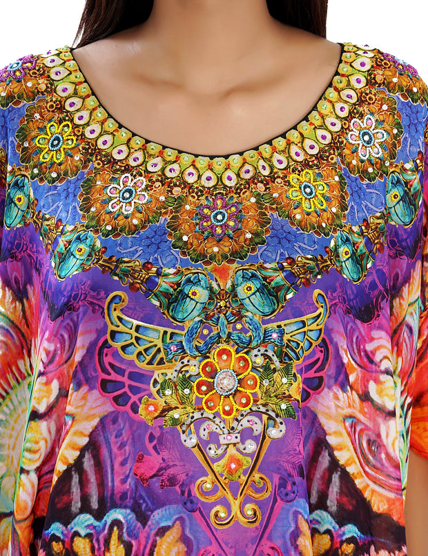 Classic Feather Print Silk Kaftan for short women evening coverup kaftan
