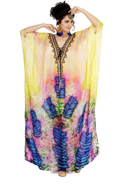 Deep neck with lace up sunshine effect with blue and lavender silk kaftan