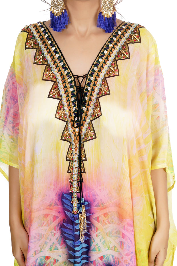 Deep neck with lace up sunshine effect with blue and lavender silk kaftan
