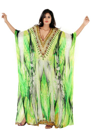 Sensational Green Safari Print Silk Kaftan Designer Wear to sport on Resort or Beach