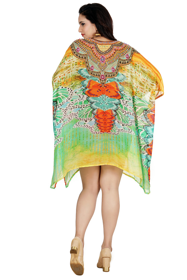 Happening Silk caftan tunic  with bright look and Deep V neck beach wear embellished kaftan