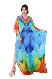 Maccaw Feathers on Maxi Long Silk Kaftan with dazzling ornamental hand craft