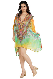 Happening Silk caftan tunic  with bright look and Deep V neck beach wear embellished kaftan