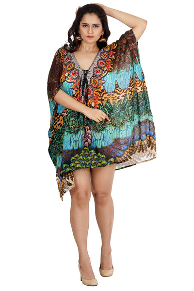 Silk caftan tunic Most beautiful birds feathers lace up short silk kaftans