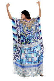 Blue colored silk kaftan crystal beads neckline vacation beach outfits