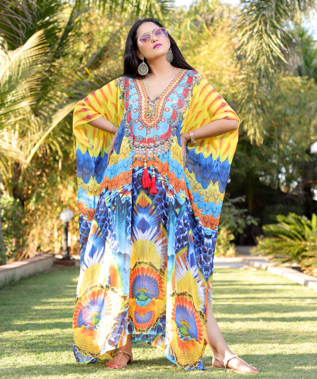 Lace up Kaftan Innovative feathery print kaftan
