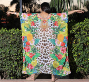 Majestic Fruits and floral with leopard print maxi long kaftan dress