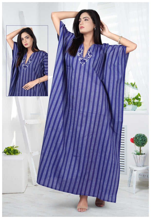 Blue linen Cotton Kaftan embroidered neckline Designed Stylish and Lively