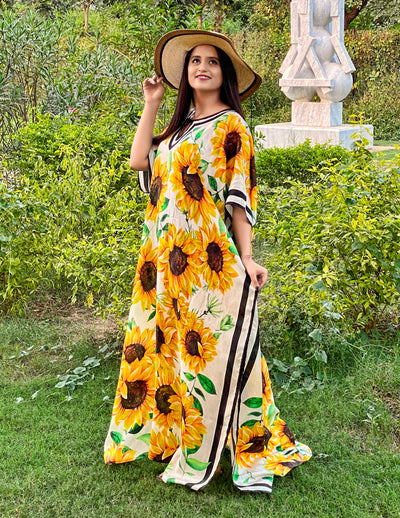 Plus size holidays kaftan sunflower print Silk caftan tops